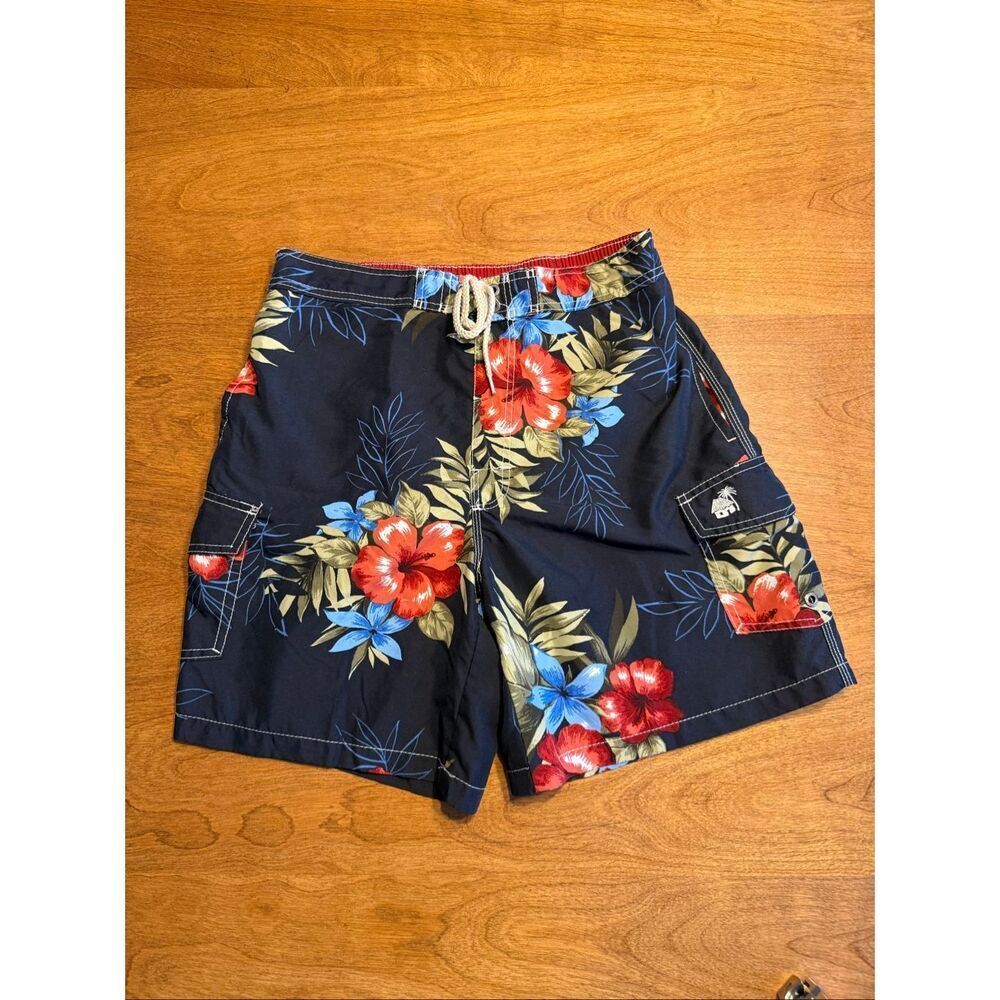 Caribbean Joe Men's Hawaiian Tropical Swim Board Shorts Dark Blue Size Medium